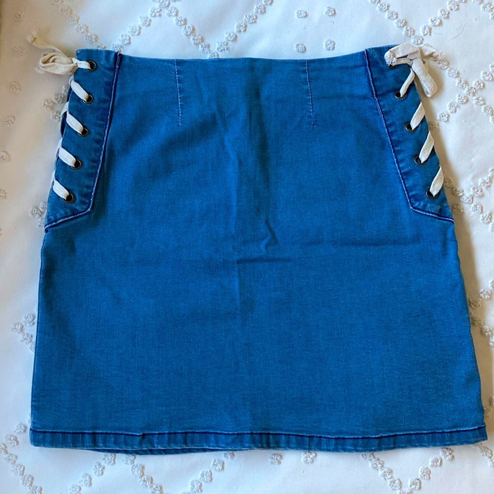 MINKPINK High Waisted Route 66 Denim Mini Skirt, Medium